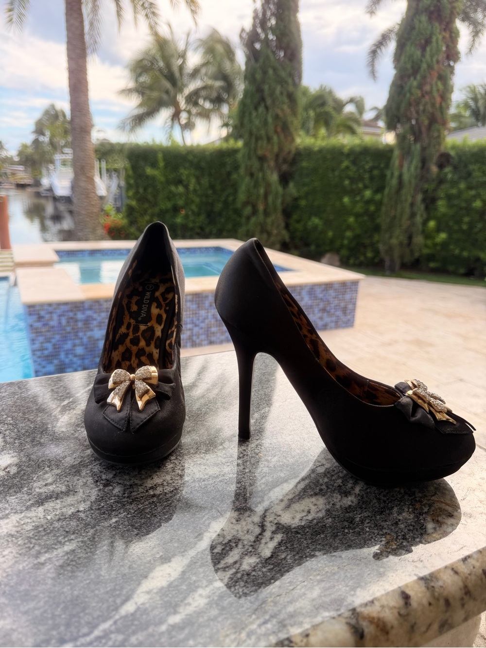 Black High Heel Pumps with Gold Bow Accent - Women Shoes